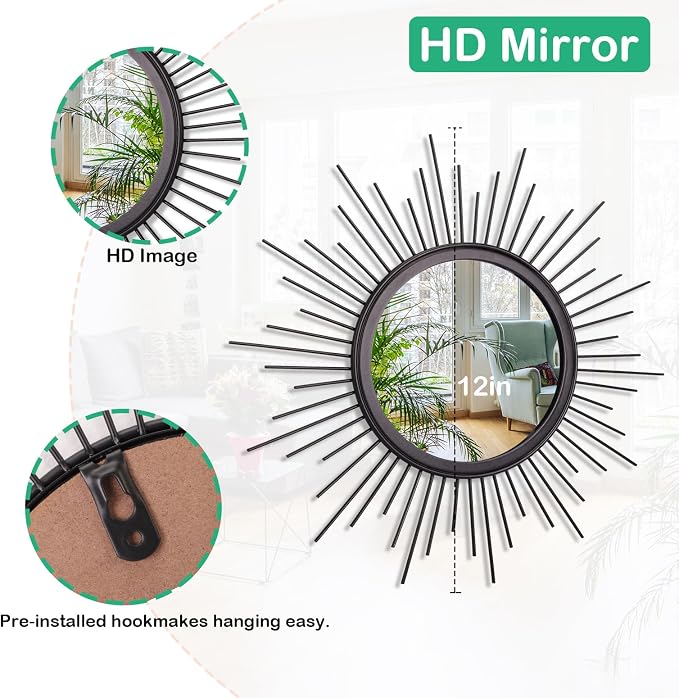 3 Pack Black Metal Wall Mirrors Sunburst Wall Mirrors Home Décor Art Decorative Modern Bohemian Hanging Wall Art for Bedroom Bathroom Living Room Entryway Small 12''