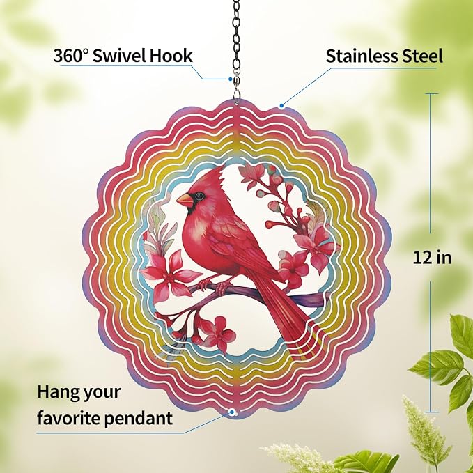 Wind Spinners Outdoor Cardinal Bird - Birthday Gifts for Women Mom, Hanging Wind Sculptures 12 inch 3D Wind Spinner for Garden Decor for Outside, Garden, Patio, Yard