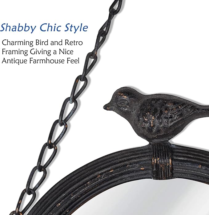 NIKKY HOME 11.2" Decorative Small Hanging Mirrors Vintage Rustic Round Metal Framed Wall Mounted Mirror Decor with Bird for Bathroom Living Room Office, Antiqued Black