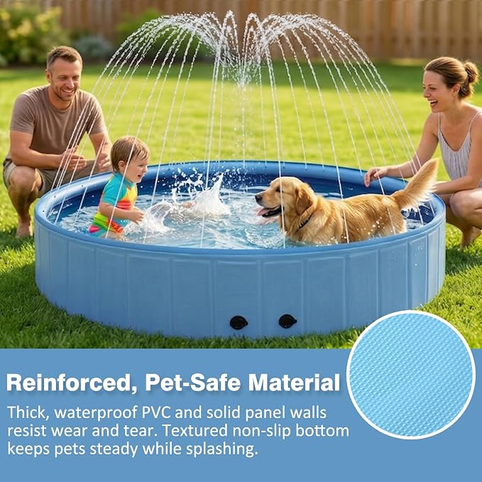 Eooqi Foldable Dog Pool with Sprinkler, Extra Large Thickened Splash Pool | 2-in-1 Outdoor Summer Water Play Toy, Non-Slip Hard-Side Kiddie Pool for Backyard Dogs, Kids & Pets (Blue, 63''-2XL)