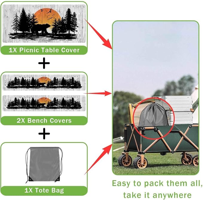 Picnic Table Cover with Bench Covers Wooden Forest Cabin Camping Essentials Waterproof Windproof Camping Tablecloth with Drawstring Bag, Fitted Rectangle Tables and Seats White，60" x 30" inch
