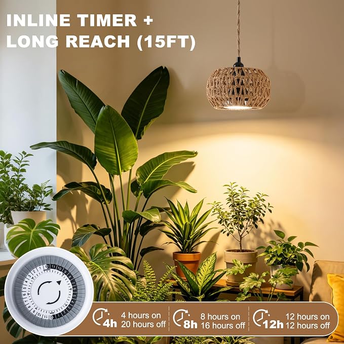 Grow Lights for Indoor Plants, Boho Plants Light, with 24H Timer and 15FT Power Cord, 30W Pendant Plant Lights for Indoor Growing,Grow Light for Garden, Flowers, Green Leaf Growing