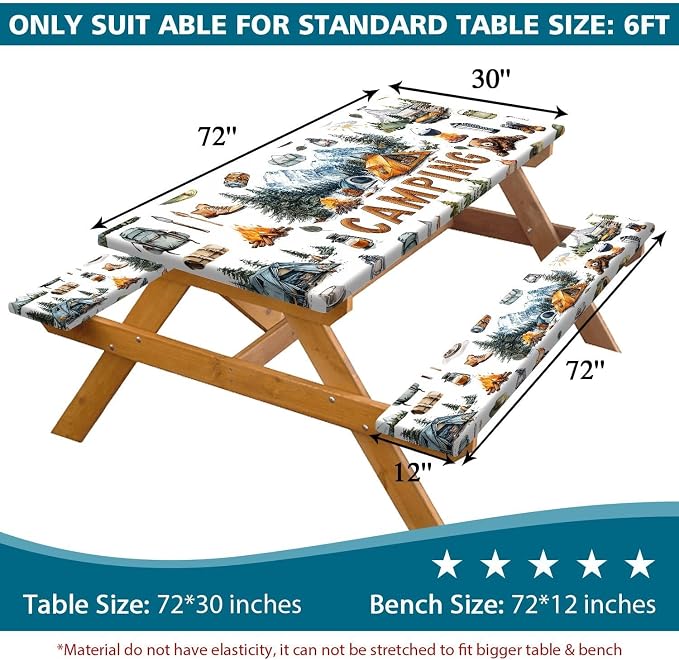 Picnic Table Cover with Bench Covers Camping Tablecloth Fitted Picnic Picnic Table Cover with Elastic Windproof Waterproof, Outdoor & Garden Camping Accessories Essentials 72In 3PCS