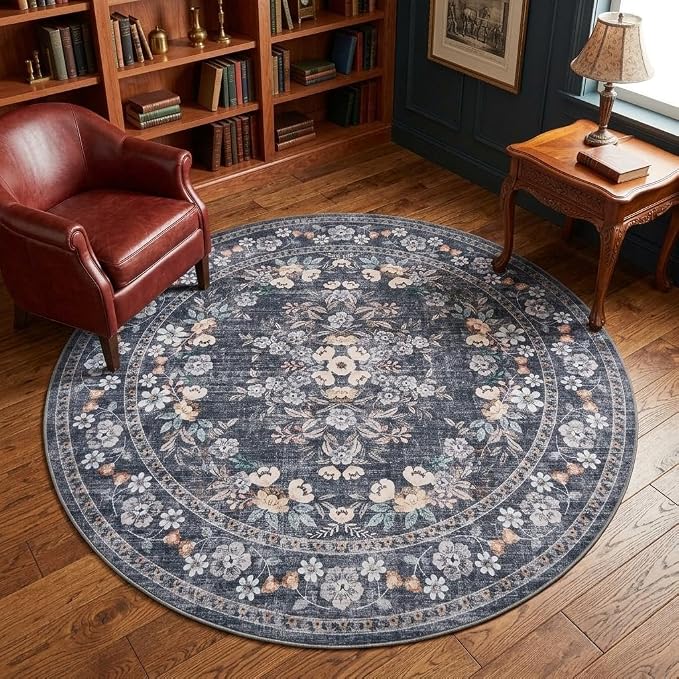 GarveeHome 5ft Washable Round Rug for Dining Vintage Throw Rug | Distressed Bordered Leaf and Flower Floral Bedroom Carpet Low Pile Non-Slip Blue Area Rug for Living Room Office Nursery