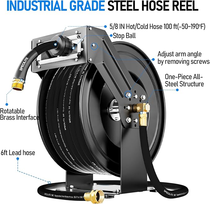 SPECILITE Retractable Hose Reel with 5/8'' Hot/Cold Garden Water Pipe 100ft, -50℉ -190℉, Heavy Duty Metal Wall Mount Spool, with 6ft Lead Hoses, Nozzle, 3/4'' Brass Fittings for Garage, Yard, Black