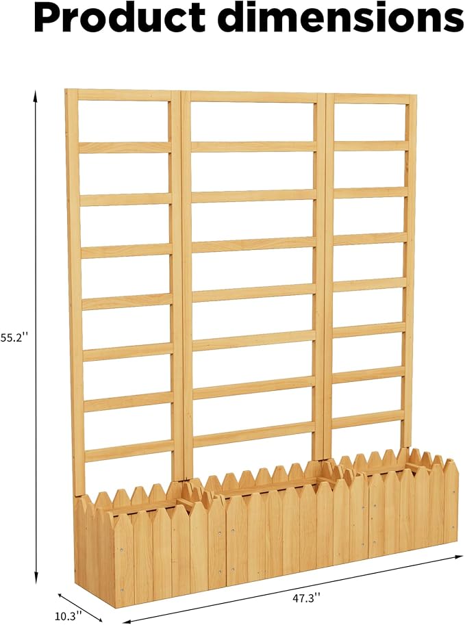 3 Panels Privacy Screen with Planter Box Outdoor,Vertical Raised Garden Bed for Climbing Plants Garden Fence with Trellis & Drain Holes for Vegetables, Flowers on Patio, Balcony & Backyard (Wood2)