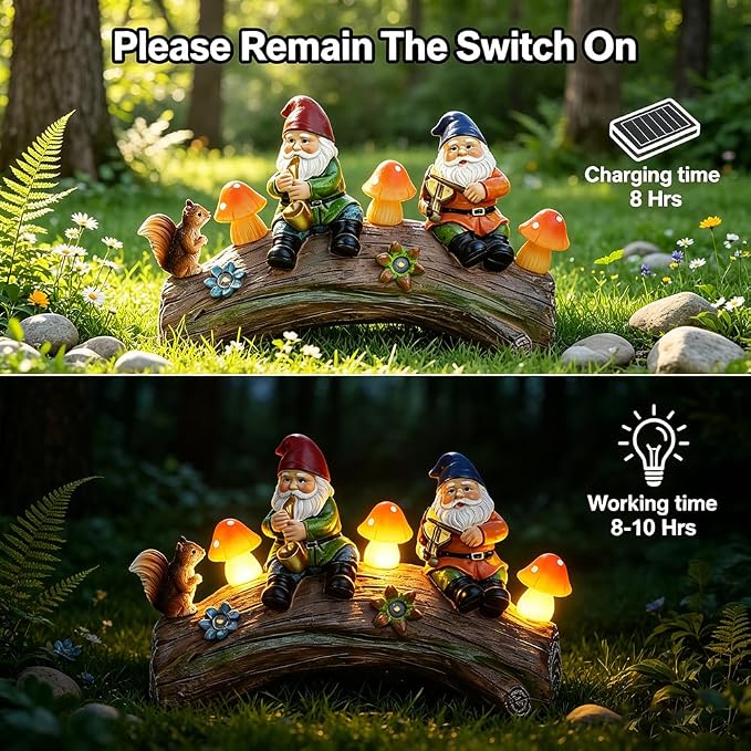 Solar Garden Gnome Statue - Whimsical Solar-Powered Lawn Ornament for Outdoor Decor, Waterproof Yard Art with Warm LED Mushroom Lights, for Homeowners & Garden Enthusiasts