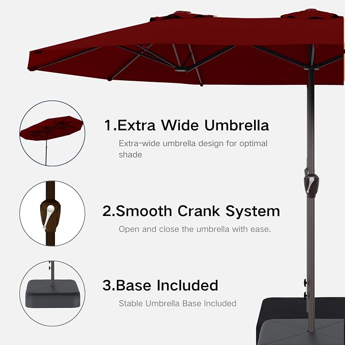 Kingdura 13ft Large Patio Umbrella with Base Included, Double-Sided Rectangle Outdoor Table Umbrella with 12 Reinforced Ribs, Crank Lift for Market Pool Deck Backyard, Dark red