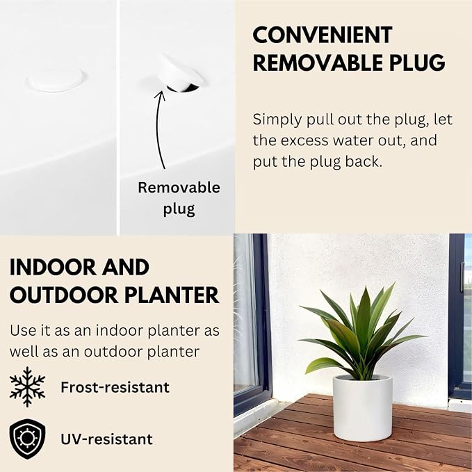 Fox & Fern Large Indoor Planter, Modern Large Plant Pot for Indoor or Outdoor, UV and Frost Resistant - Set of 3: 8, 10, 11.8 Inch, Fiberstone, White Flower Pot with Drainage Plug, Lightweight
