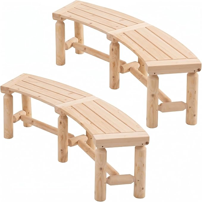 FORTUNO Outdoor Wooden Curved Backless Porch Bench Rustic Style Cedar/Fir Wood Log Fire Pit Bench for Patio Garden Deck and Backyard, 40"-54" W×13" D×16.5" H, Natural, 2 Packs