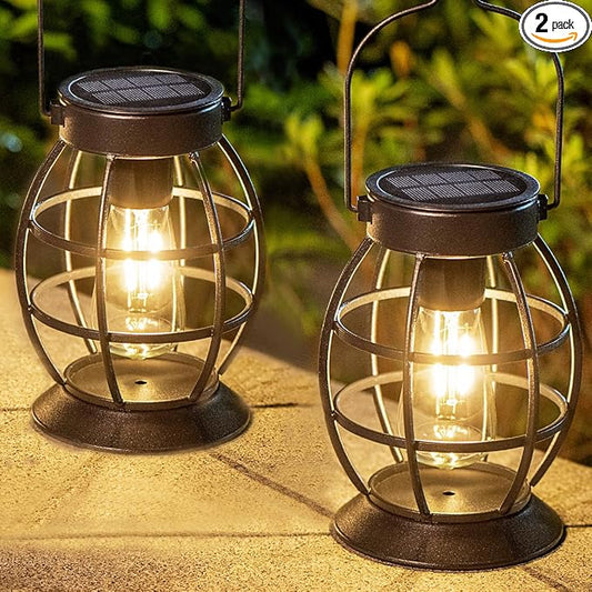 LeiDrail Solar Lanterns Outdoor 2 Pack, Hanging Waterproof Metal Lantern Dual LED Warm White, Auto On/Off Garden Patio Yard Porch Pathway Table Decor, Solar Powered Gift for Women