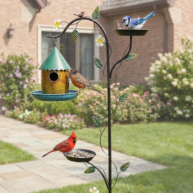 VINGLI 74.8" H Metal Bird Bath with Bird House, Outdoor Bird Bath with Stakes, 3-in-1 Bird Feeder for Patio, Garden, Yard, Lawn (Hanging Bird House)
