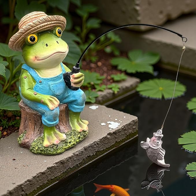 Outdoor Frog Statue Garden Koi Pond Decoration, Resin Frog Decor for Yard 7.1'' Fishing Statue Patio, Lawn Garden Decorative, Fishing Animals for Waterfalls or Koi Pond Additioanl, Mother's Gift