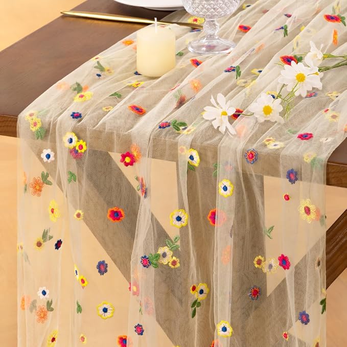 Socomi Flower Table Runner Summer Daisy Floral Tulle Gauze Cheesecloth Embroidery Table Runners for Tea Party Garden Wedding Bridal Baby Shower Birthday Picnic Decor Beige 1pc