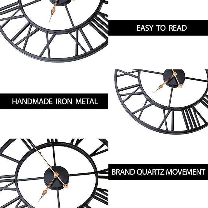 ADecor Outdoor Clocks for Patio, Large Outdoor Pool Clock, Vintage Metal Outdoor Clock Silent Battery Operated, European Industrial Skeleton Wall Clock for Backyard/Garden/Fence, 18 in