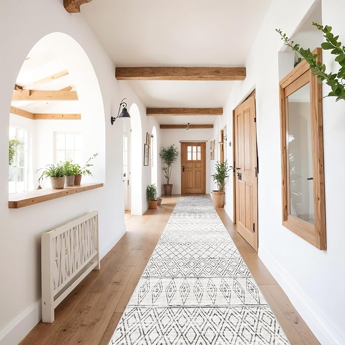 2'6"x12' Hallway Runner Rug: Moroccan Washable Bedroom Rugs Geometric Grey | Soft Non Slip Long Floor Mat Low Pile Farmhouse Carpet with Rubber Backing for Front Door Entryway