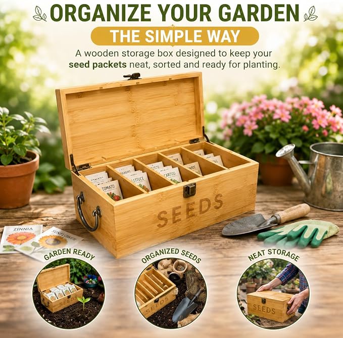 Bamboo Garden Seed Storage Organizer Box, Wooden Seed Box with Removable Dividers, Metal Handle and Latch, Seed Keeper Organizer for Garden Seed Packets and Storage (10.59 x 7 x 5.12 in)