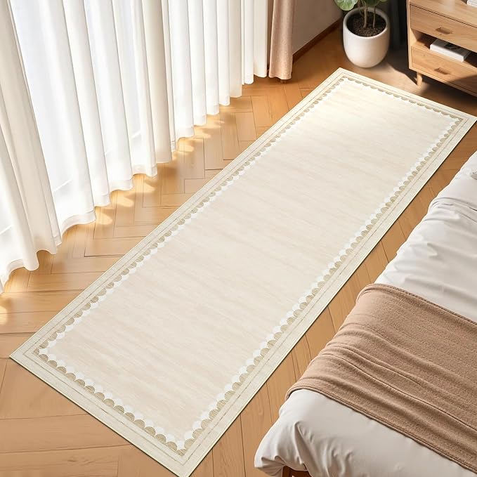 COZYLOOM Entryway Rugs Indoor 2x6 Washable Runner Rug with Rubber Backing, Bordered Non Shedding Stain Resistant Accent Rug, Low Pile Soft Contemporary Carpet for Kitchen, Hallway, Bedroom, Beige