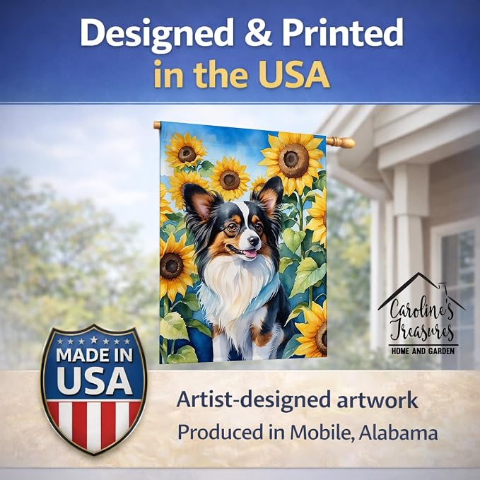 Caroline's Treasures DAC6131CHF Papillon in Sunflowers House Flag Large Porch Sleeve Pole Decorative Outside Yard Banner Artwork Wall Hanging, Polyester, House Size, Multicolor