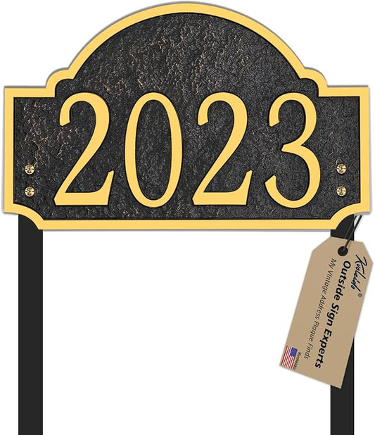 Personalized Address Sign LAWN MOUNTED - Custom House Number Sign Plaque,Address Plaque,House Numbers for Lawn Outside,Yard,Ground,Garden,Drive Way Free Standing with Stakes Metal (Golden)