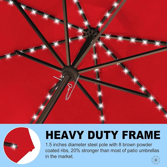 Eurmax USA 10-Year-Non-Fading 10FT 3-Tier Outdoor Patio Market Umbrella with LED Lights,UPF50+ UV Resistant,Commercial Grade,Crank Lift Design,Windproof Vented Top for Garden,Pool,Deck,Logo Red