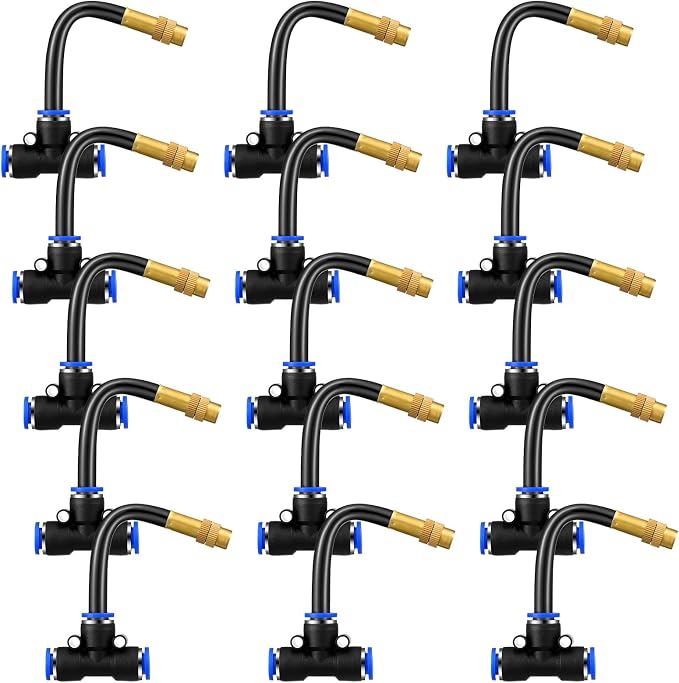Zonon 15 Pcs Brass Misting Nozzles Tee with 4" Built in Hose for 0.32"/8 mm Tubing 360 Degree Rotation Adjustable Water Mister Nozzle Thread Sprayer Misting Part Accessories for Patio Outdoor Cooling