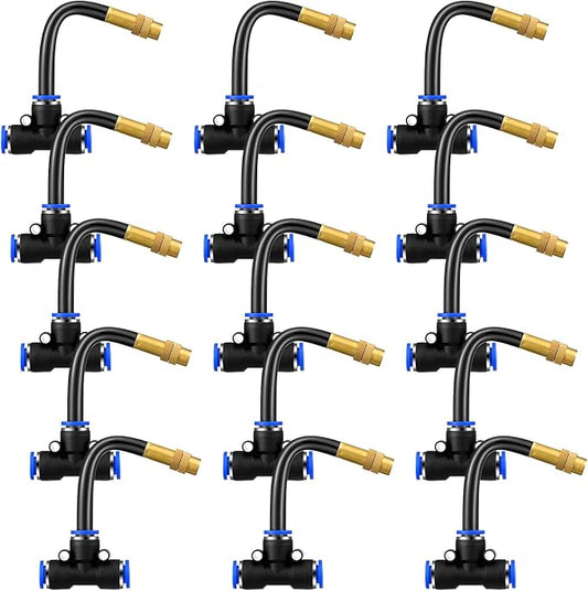 Zonon 15 Pcs Brass Misting Nozzles Tee with 4" Built in Hose for 0.32"/8 mm Tubing 360 Degree Rotation Adjustable Water Mister Nozzle Thread Sprayer Misting Part Accessories for Patio Outdoor Cooling