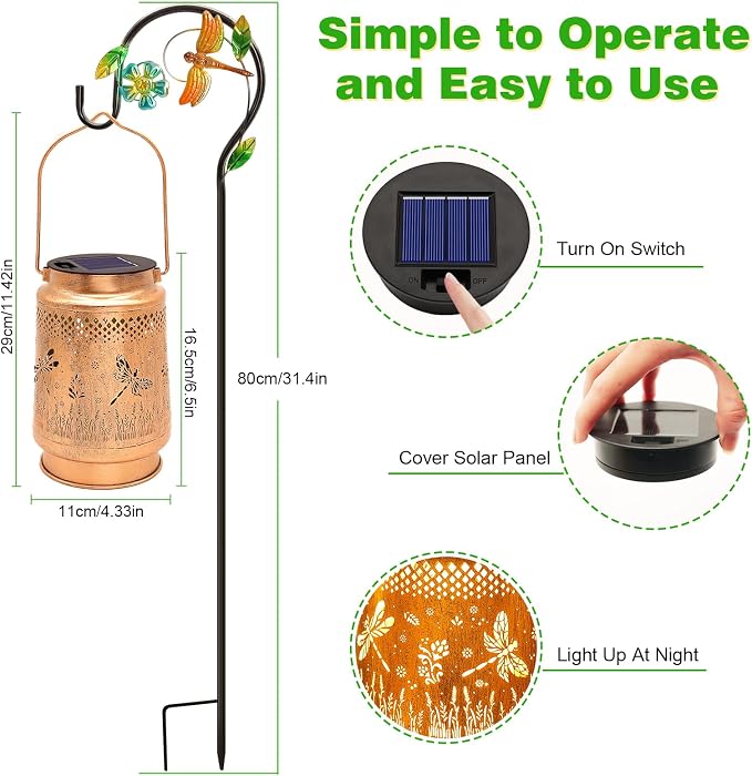 Dragonfly Solar Lanterns Outdoor with Shepherd Hook, Birthday Gift Mothers Day Gift for Women Mom Grandma Wife Daughter, Waterproof LED Hanging Lights, Decor for Yard Garden Patio Porch Lawn Tabletop