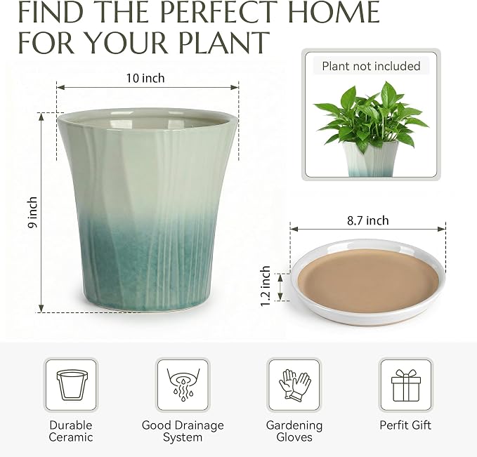 10 Inch Ceramic pots for Plants with Saucer Drainage Leak-Proof Mesh, Round Plant Pot with Gardening Gloves for Indoor Outdoor Plants (Rippled Green)
