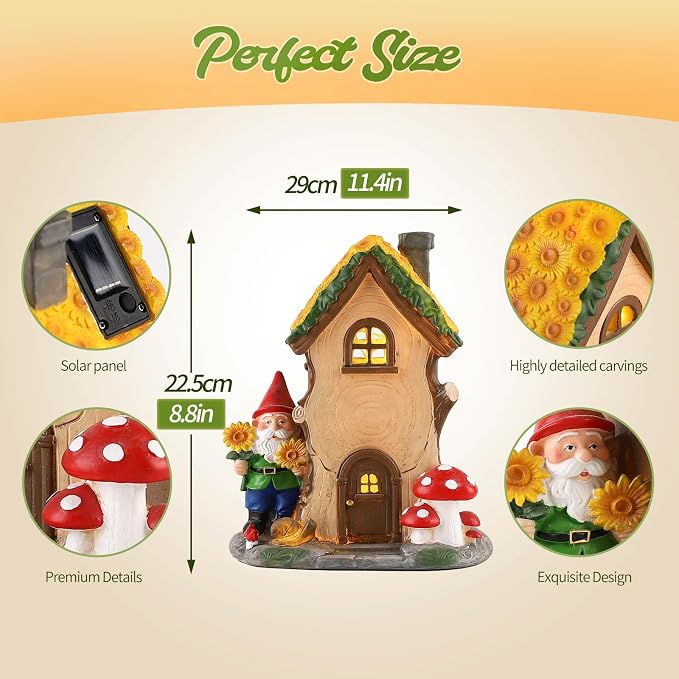 11.42" Solar Garden Gnome House Statue with Lighted Resin Fairy House | Sunflower and Mushroom Decor for Patio, Yard, Porch, Entryway and Balcony, Charming Garden Sculpture Gift for Mom and Grandma