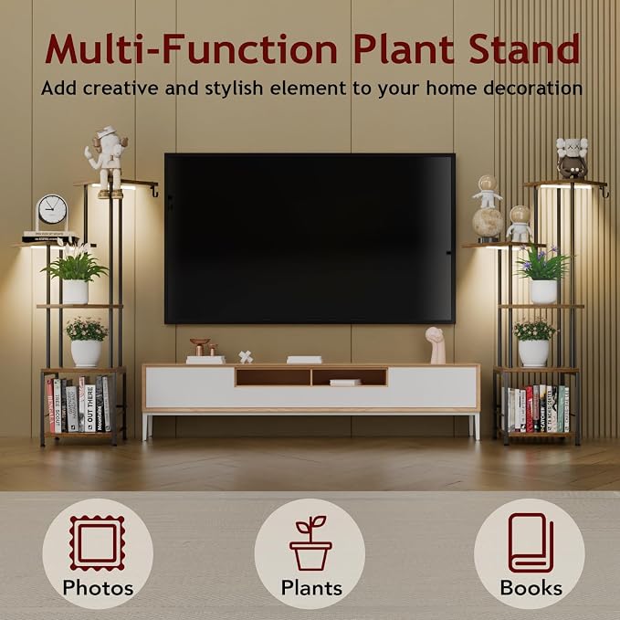 Homsorout Plant Stand Indoor with Grow Light - 5-Tier Metal Plant Shelf with Hanging Basket Hook, Corner Tall Flower Holder for Multiple Plants, Living Room Balcony Garden Patio, Rustic Brown
