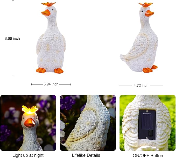 Garden Goose with Solar Butterfly Statue | Durable resin material for yard use, warm LED glow, unique gift for mom & garden lovers, housewarming decor