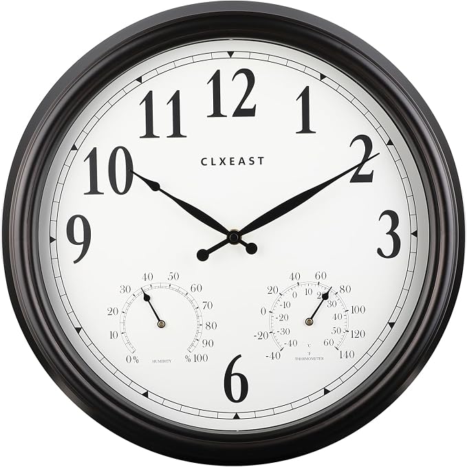 CLXEAST 16 Inch Indoor Outdoor Clocks Waterproof, Large Outdoor Clock with Temperature and Humidity for Patio,Porch,Pool,Oil Rubbed Bronze Black Finish