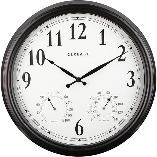 CLXEAST 16 Inch Indoor Outdoor Clocks Waterproof, Large Outdoor Clock with Temperature and Humidity for Patio,Porch,Pool,Oil Rubbed Bronze Black Finish