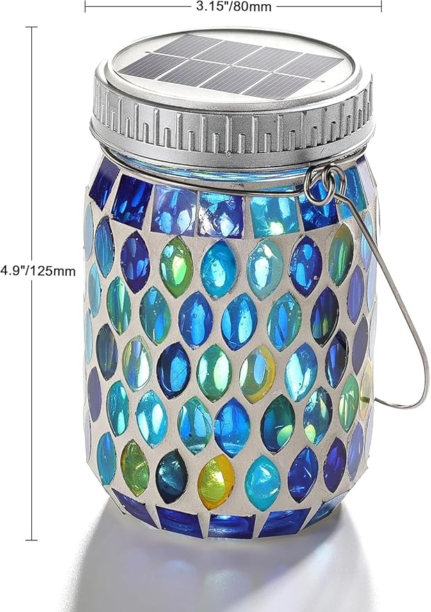 Cooo Mosaic Lanterns Outdoor Waterproof with 215% Larger Solar Panel, Never Rust Lids, True Capacity Battery- Solar Mason Mosaics Jar Lantern for Patio Garden Yard Balcony Hanging or Table (4)