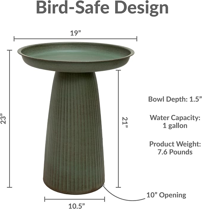 Sunnydaze Gleeful Garden 23" Iron Pedestal Bird Bath for Outside - Modern Shallow Basin Birdbath for Outdoors with UV-Protected Rust-Resistant Finish for Patio, Garden, Yard Decor - Matte Green
