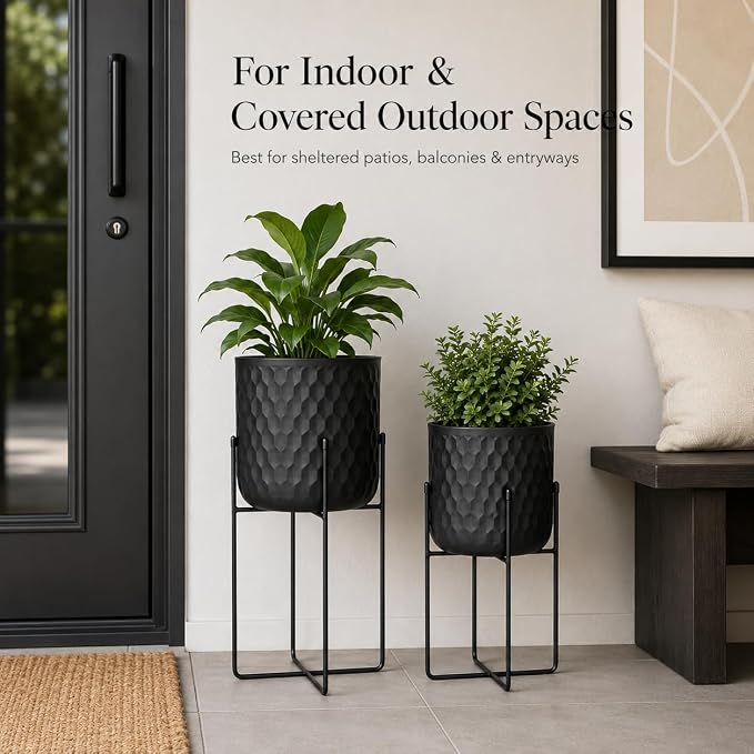 TRIROCKS Set of 2 Metal Planters with Stand, Small Indoor Plant Pots 8" D x 18" H & 7" D x 12" HModern Decorative Flower Pots for Living Room, Entryway, Office, Balcony(Black)