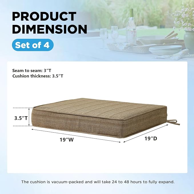 19 x 19 Inch Outdoor Chair Cushions with Tie Straps, Set of 4 Thick Water Repellent Square Patio Chair Pads for Garden Lawn Patio Furniture, Sierra Linen