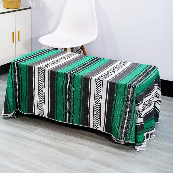 Airooglee 77" L x 46.4" W Large Mexican Blanket - Perfect as Camping Blanket, Yoga Outdoor Beach Serape Picnic Woven Blanket, Boho Home Décor - Green