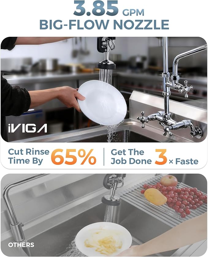Commercial Sink Sprayer Head: 7/8"-20UNEF Black Pre Rinse Sprayer - 3.85 GPM High Pressure Pull Down Spray Head - Handheld Dish Sprayer Nozzle for Commercial Kitchen Faucet (Chrome Finished)