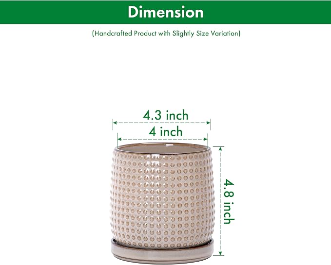 D'vine Dev 4 Inch Ceramic Beaded Stoneware Planter Pot - Flower Pot with Drainage Holes and Saucers for Indoor Succulent Plants or Flowers, Light Brown, 27-C-Z-4