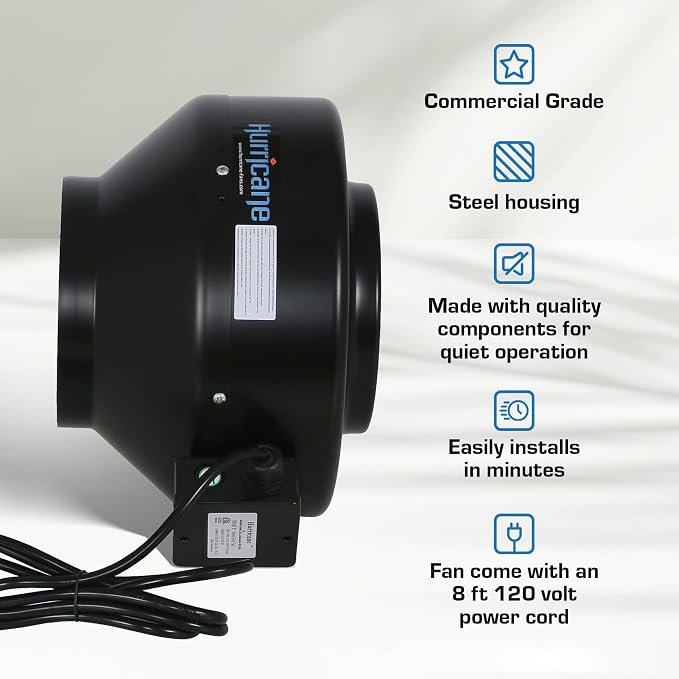 Hurricane Commercial Grade Inline Fan for Phresh & Black Ops Carbon Filters, Ideal-Air Ducting and Clamps and Titan Controls Ventilation Controllers