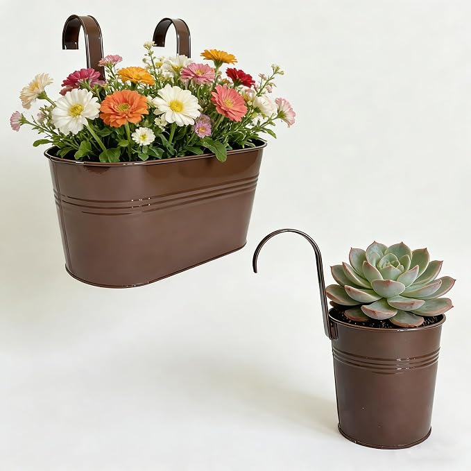 Pack of 8 Metal Hanging Planters for Outdoor Plants, 4 Pcs 4" Round Railing Planter & 4 Pcs 10" Oval Fence Flower Pots for Balcony Garden Decor, Chocolate