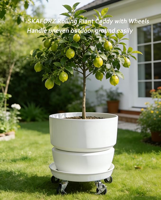 Rolling Planter Caddy(470lbs Capacity), Heavy Duty Metal Plant Stand with Brake Wheels Plant Dolly Mover Plant Pot Tray Saucer for Indoor Outdoor 18inches White