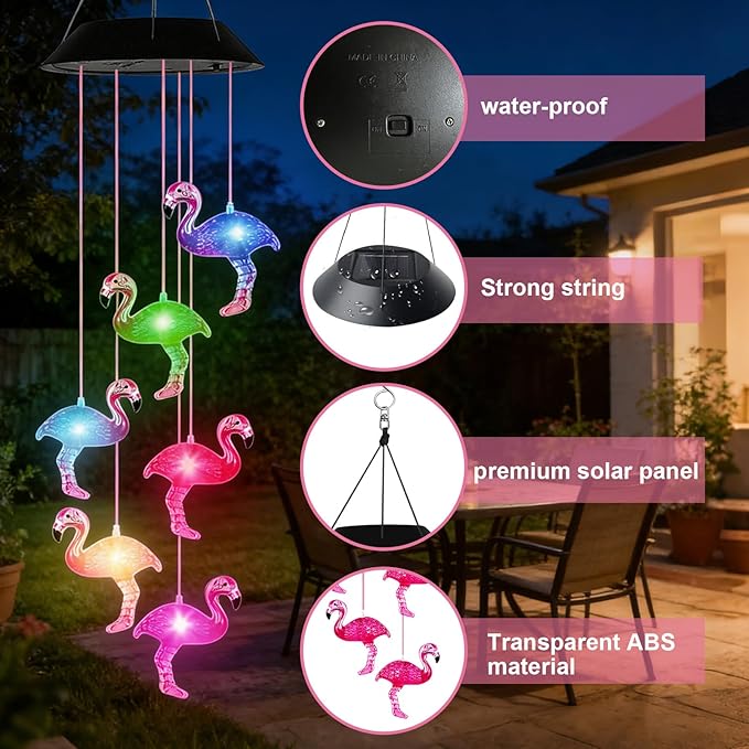 7-Color Light Changing Flamingo Solar Lights for Outside, Solar Lights Gifts for Father's Day, Solar Flamingo Wind Chimes Gifts for Women, Mom, Grandma, Garden Yard Lawn Outdoor Decor Mobiles