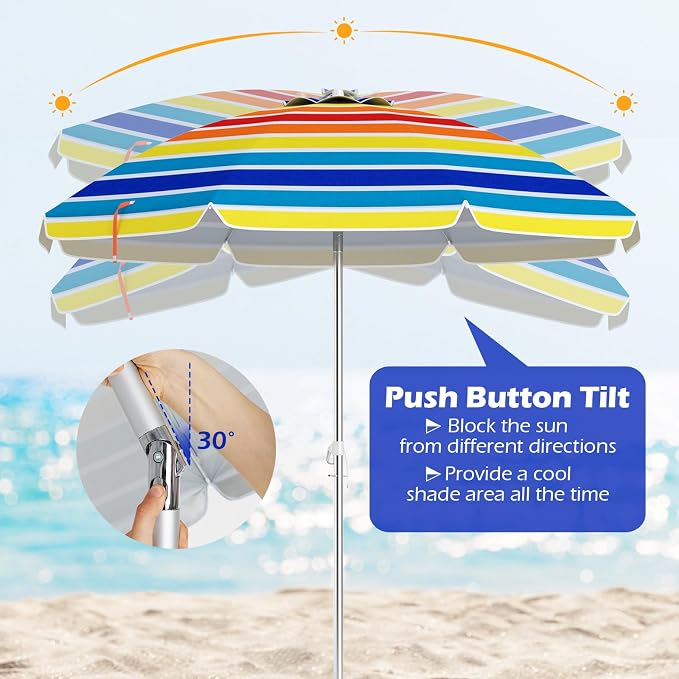 Tangkula 6.5ft Outdoor Beach Umbrella with Sand Anchor, Patio Umbrella with Push Button Tilt & UPF 50+ Protection, Portable Sunshade Umbrella with Carry Bag for Garden Beach Outdoor (Rainbow)