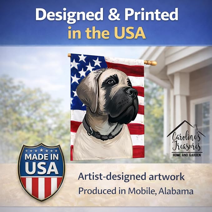 Caroline's Treasures CK6513CHF English Mastiff Dog American Flag House Flag Large Porch Sleeve Pole Decorative Outside Yard Banner Artwork Wall Hanging, Polyester, House Size, Multicolor