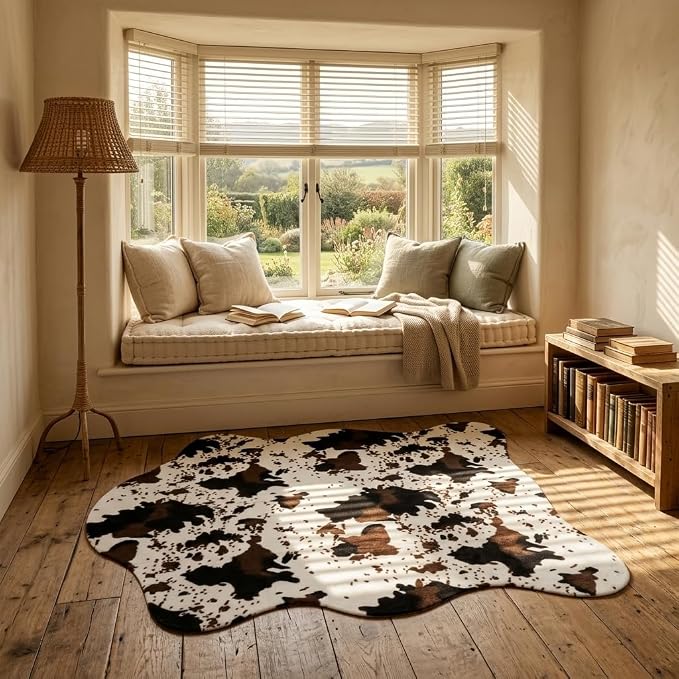 MustMat Faux Cow Print Rug, Modern Rustic Decor Rug 4'7" x 5'3" | Great for Living Room Corners & Fireplaces. Fits Western, Ranch Styles, Ideal for Christmas and Thanksgiving Decor