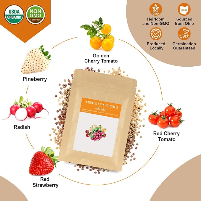 Strawberry and Pineberry Seed Pod Kit for AeroGarden, Ahopegarden with Red Strawberry, Radish, Pineberry, Red Heirloom/Golden Harvest Cherry Tomato - Hydroponics Supplies for Most Brand (12-pod)