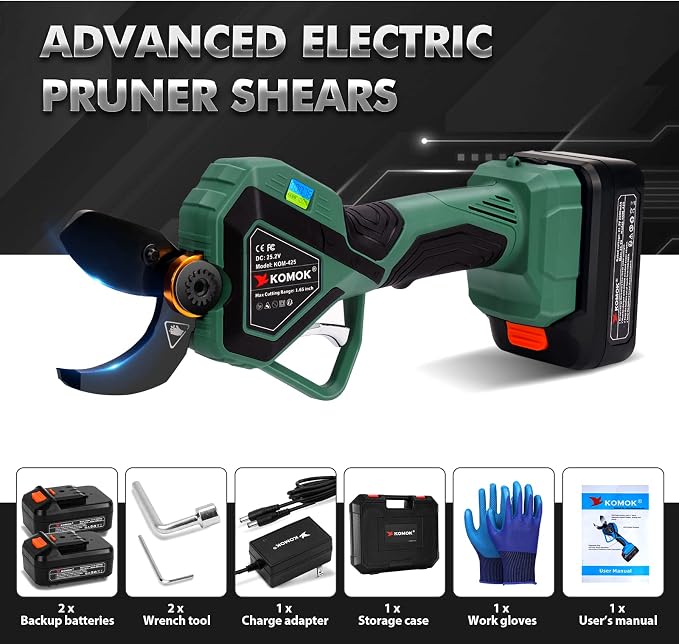 KOMOK Electric Pruning Shears, Professional Cordless Electric Pruners Battery Powered Tree Branch Cutter with 2 Rechargeable 2 Ah Lithium Batteries, 1.65" (42mm) Cutting Diameter 8-10 Working Hours